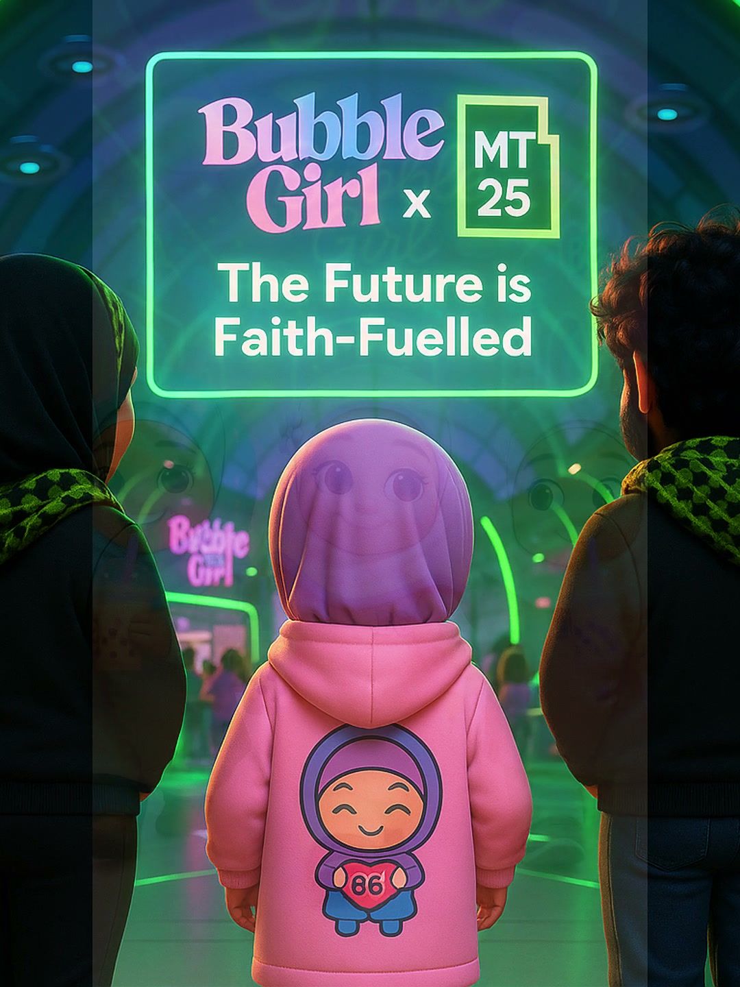 Three animated children facing a screen that reads Bubble Girl × MT25, The Future is Faith-Fuelled