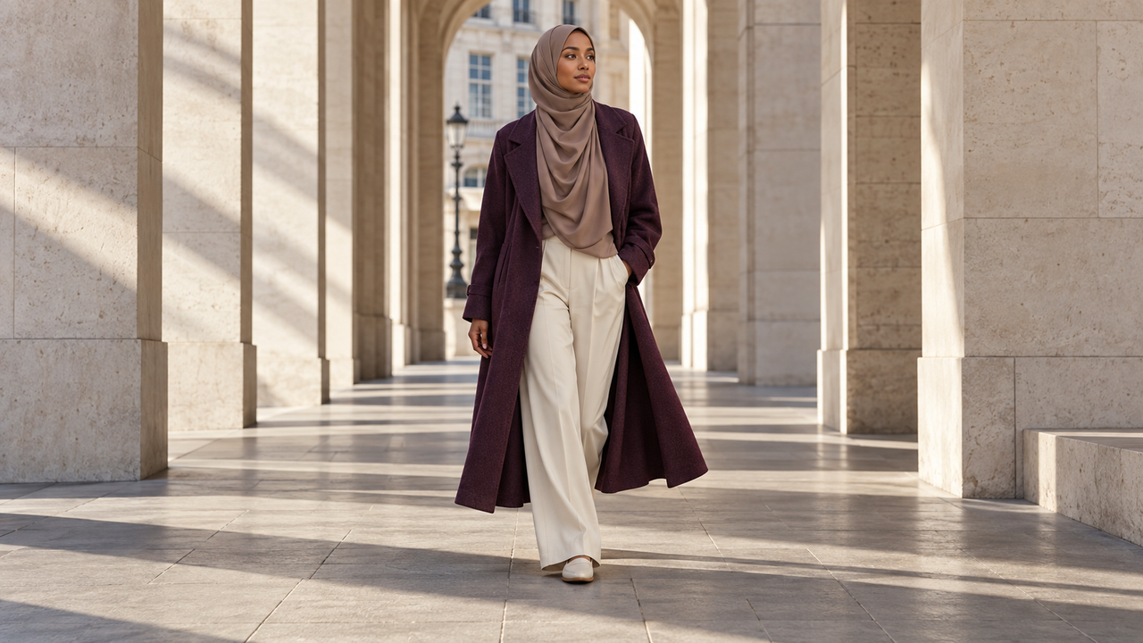 A woman in a plum coat, cream trousers and a hijab walking through a stone colonnade