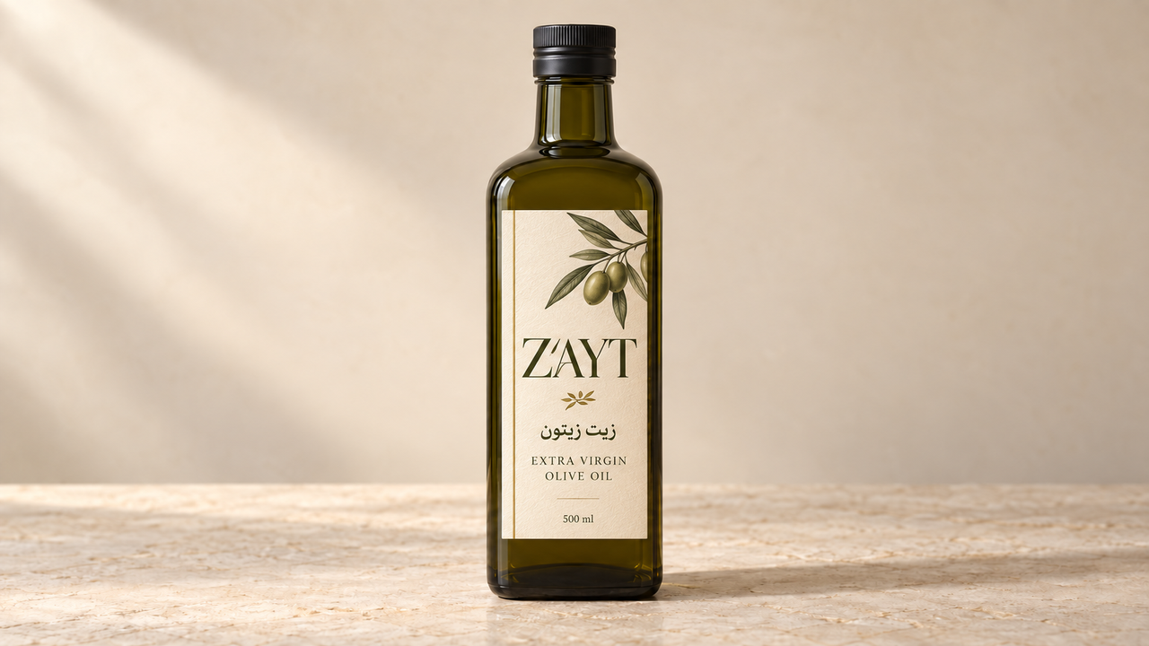 A bottle of Zayt extra virgin olive oil, labelled in English and Arabic, on warm stone