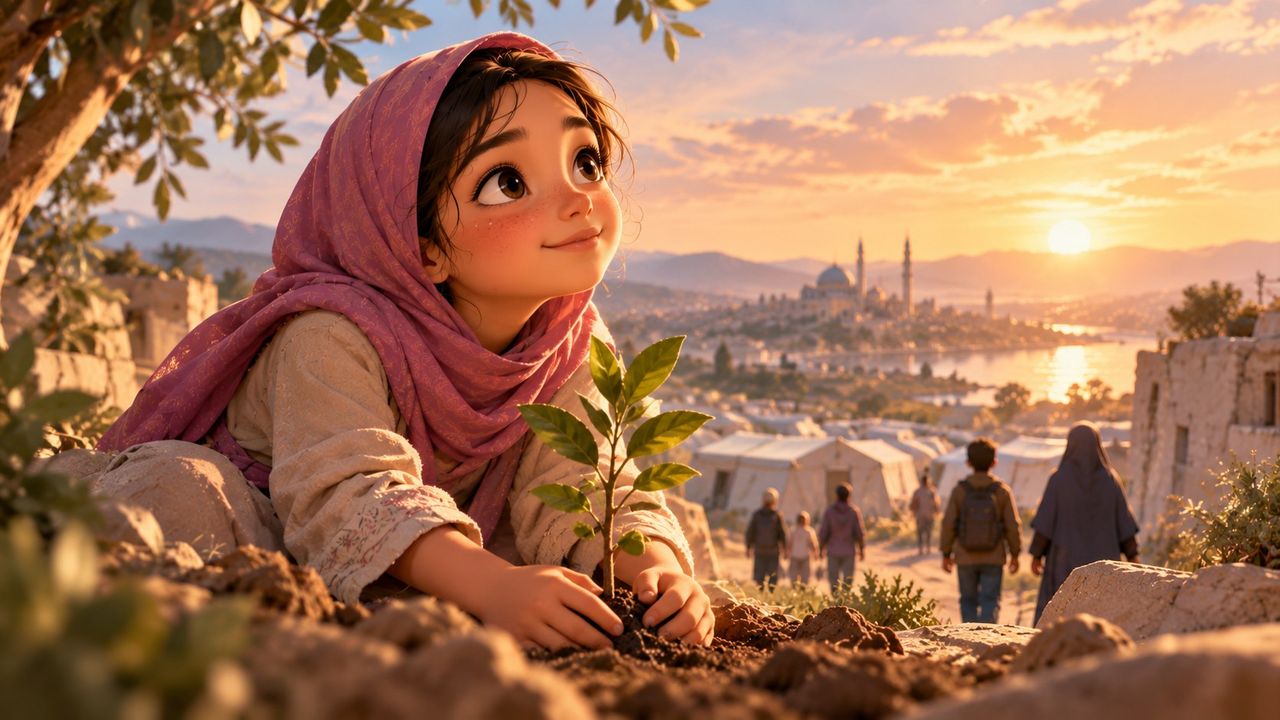 A girl in a pink headscarf plants a seedling at sunset as families walk past a camp