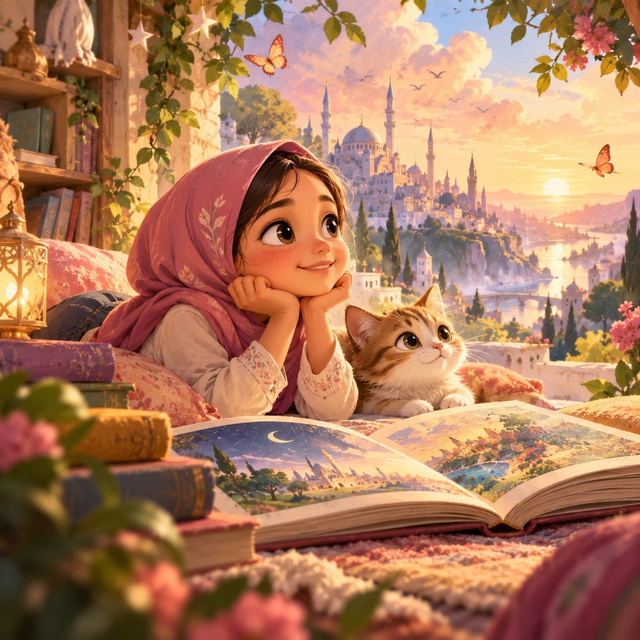 A girl in a pink headscarf lies reading a picture book with her cat, a domed city glowing behind her