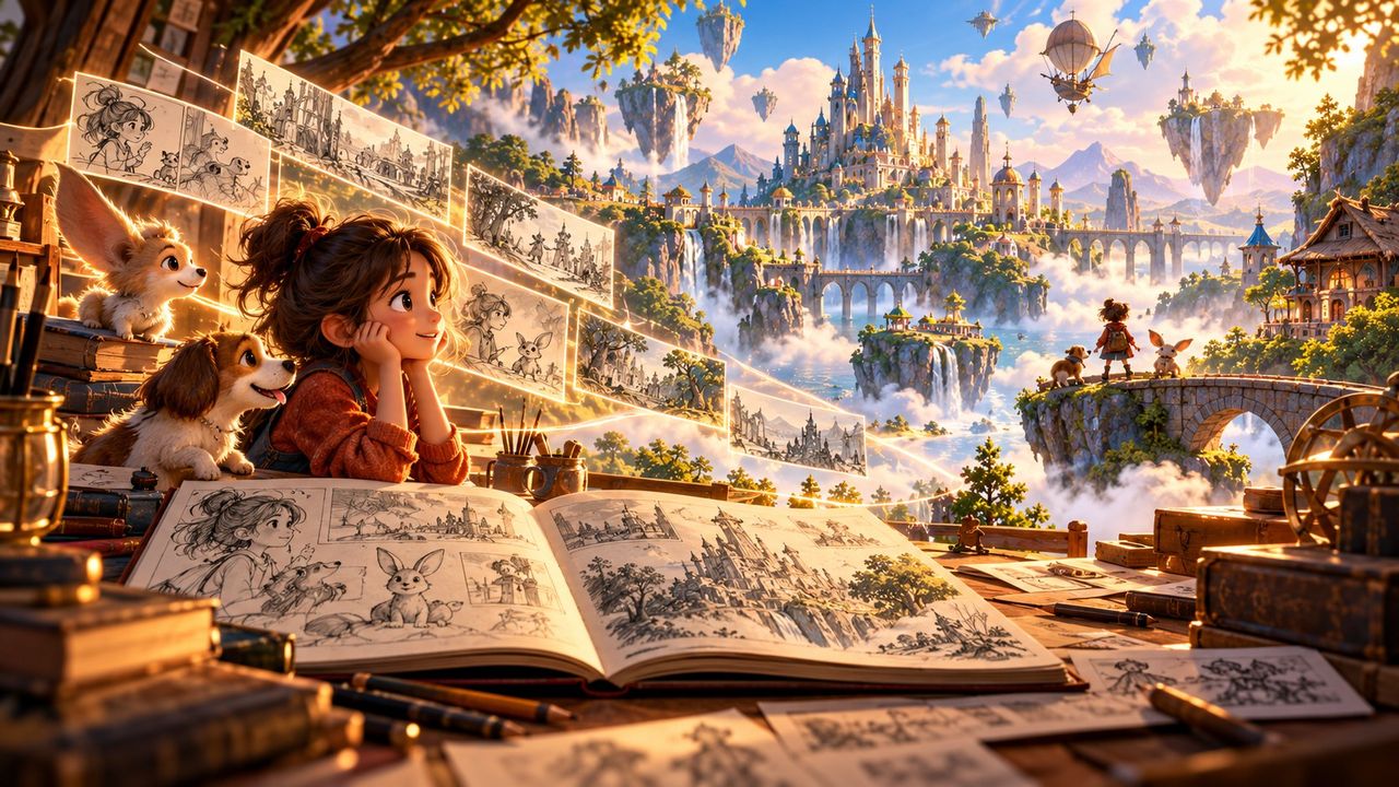 A child at a desk of sketchbooks while the drawings open into a floating fantasy city