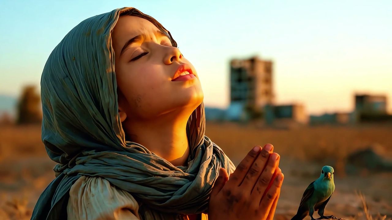 A girl in a headscarf prays with her eyes closed beside a small bird, ruined buildings behind her, from the Muslim Aid 40th anniversary film