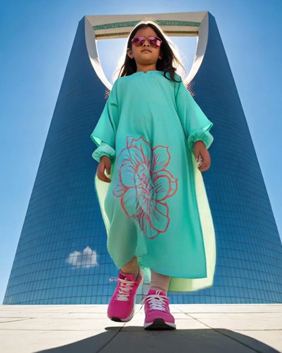 A girl in a mint Bubble Girl dress and pink trainers walks towards the camera beneath a tall tower