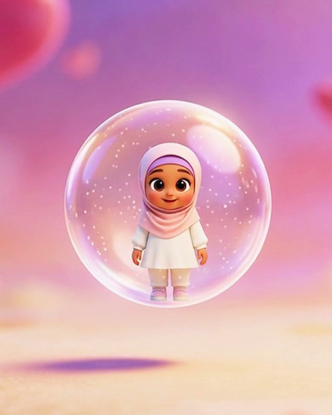 An animated girl in a pink hijab inside a floating bubble, against a soft pink sky