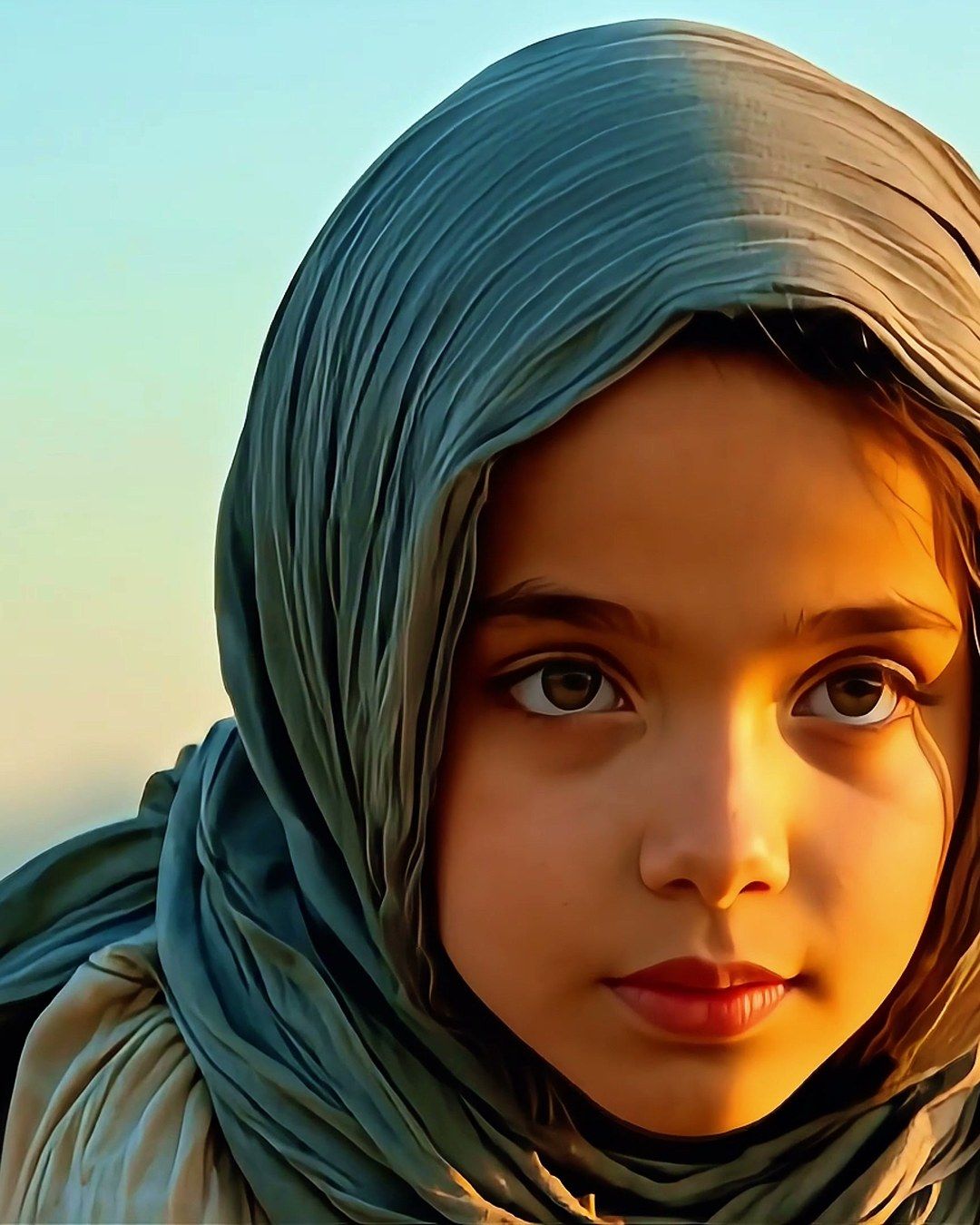 A girl in a headscarf in golden evening light, from the Muslim Aid 40th anniversary film