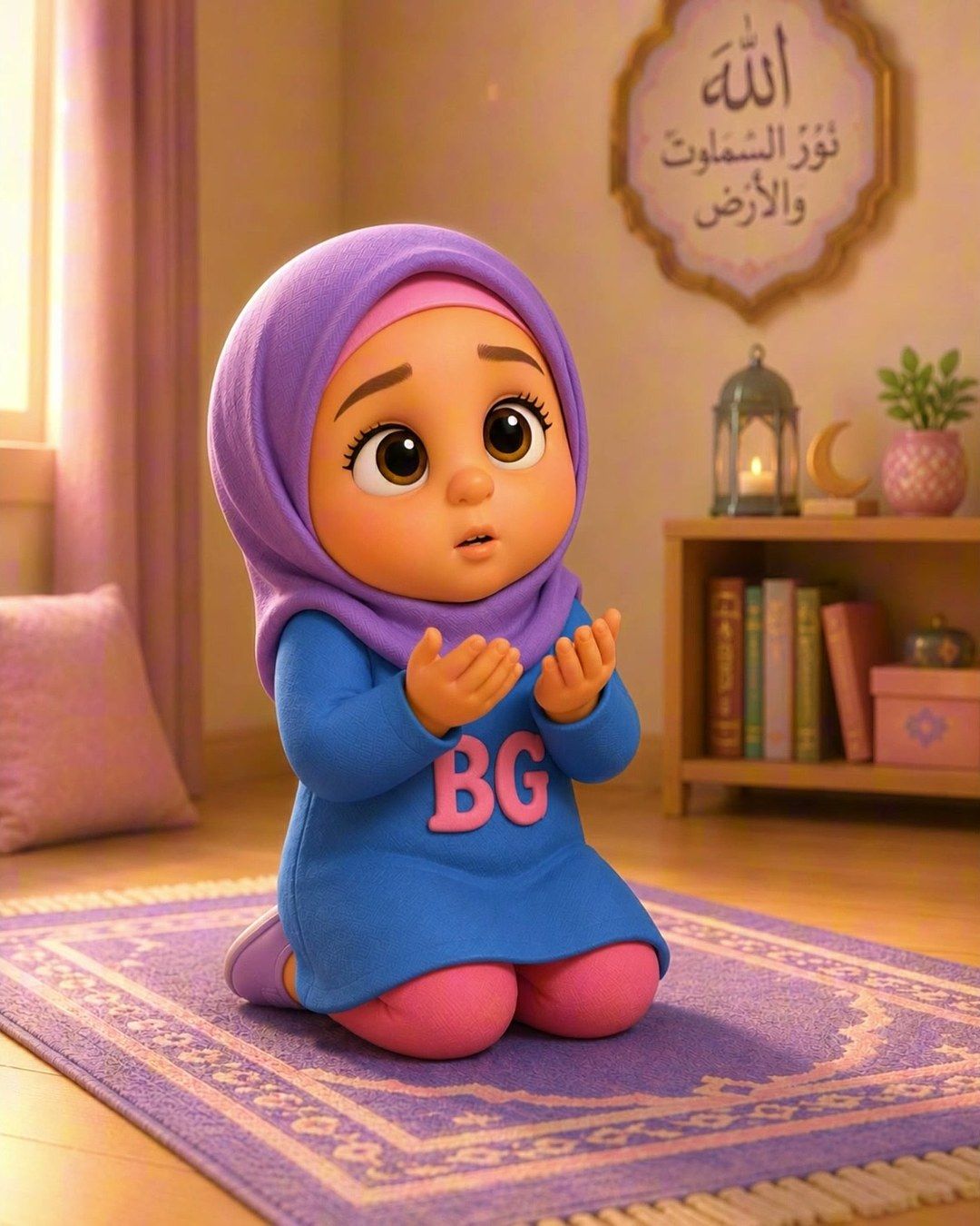 Safa, an animated girl in a lilac hijab, kneels on a prayer mat with her hands raised in dua