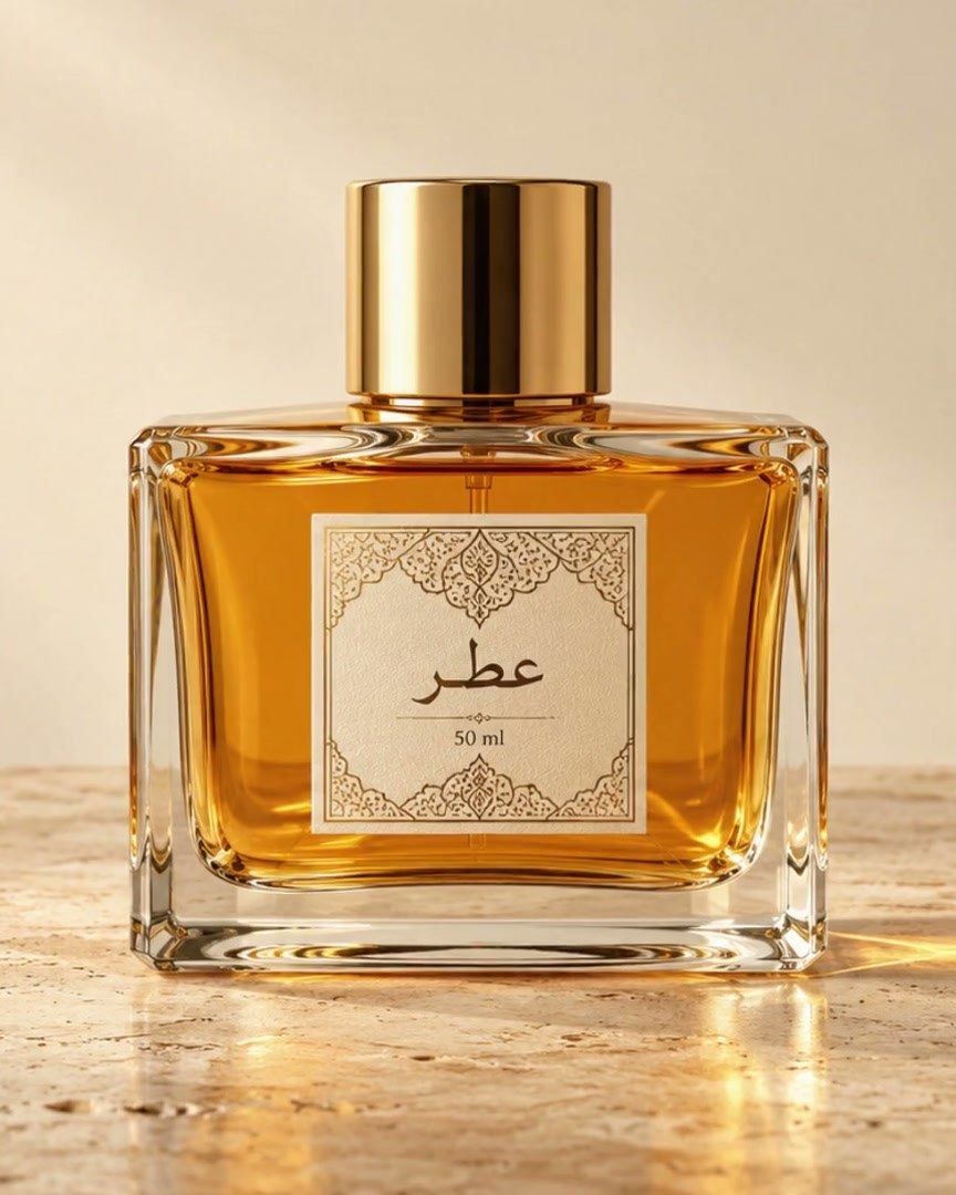 An amber attar bottle with an Arabic label on warm stone, from the Cre8Aura studio reel