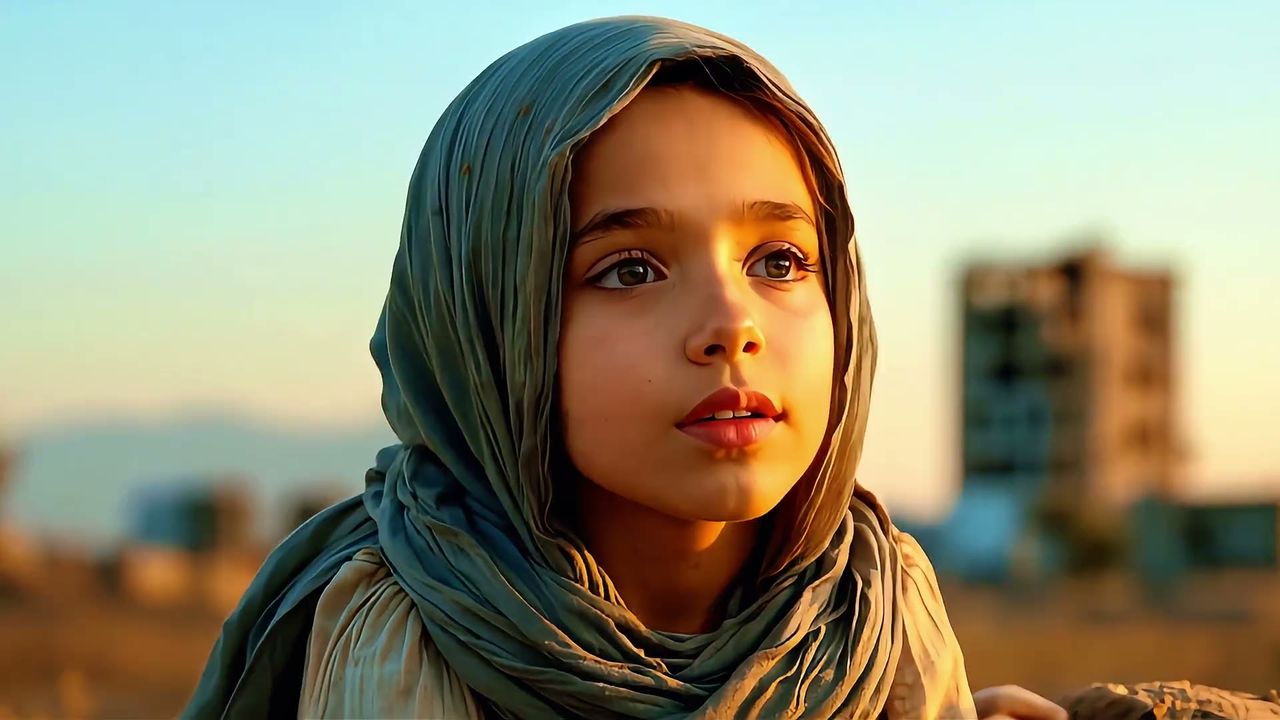 A girl in a headscarf looks up in golden evening light, from the Muslim Aid 40th anniversary film