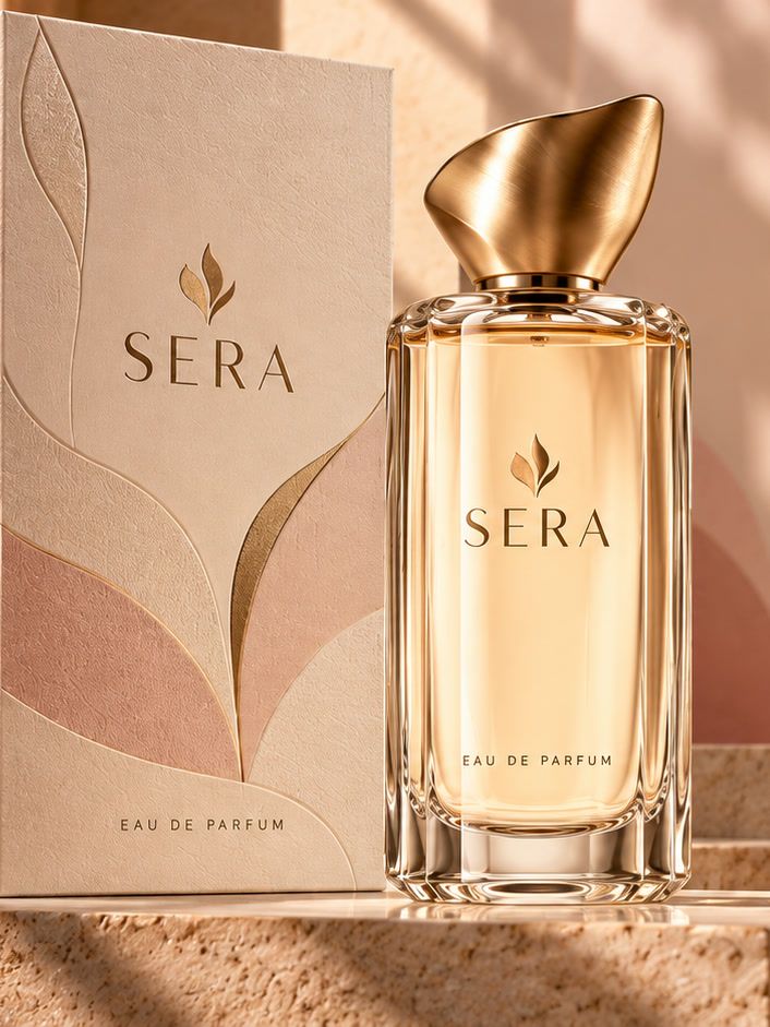 A Sera eau de parfum bottle with a gold leaf cap beside its box, in warm light