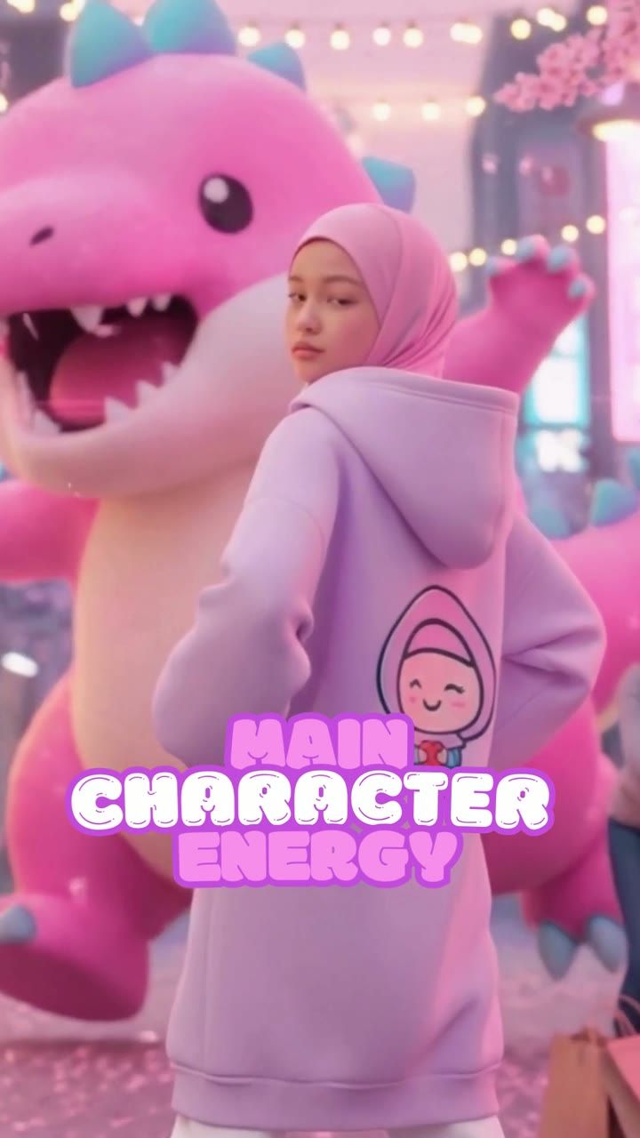 A girl in a lilac Bubble Girl hoodie turns to look back as a giant plush dinosaur rises behind her in a pink neon street