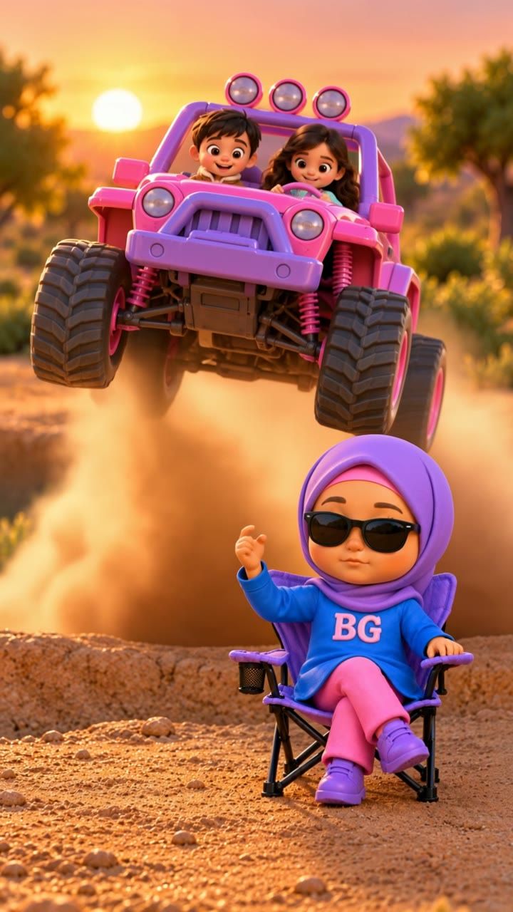 A pink SUV leaps over Safa, who sits in a camping chair in sunglasses and a BG top in the desert