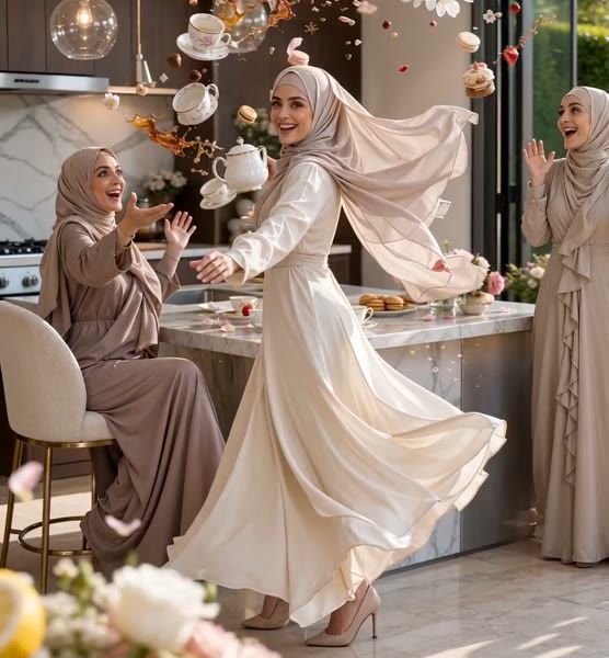 Three women in hijabs laughing together in a bright kitchen