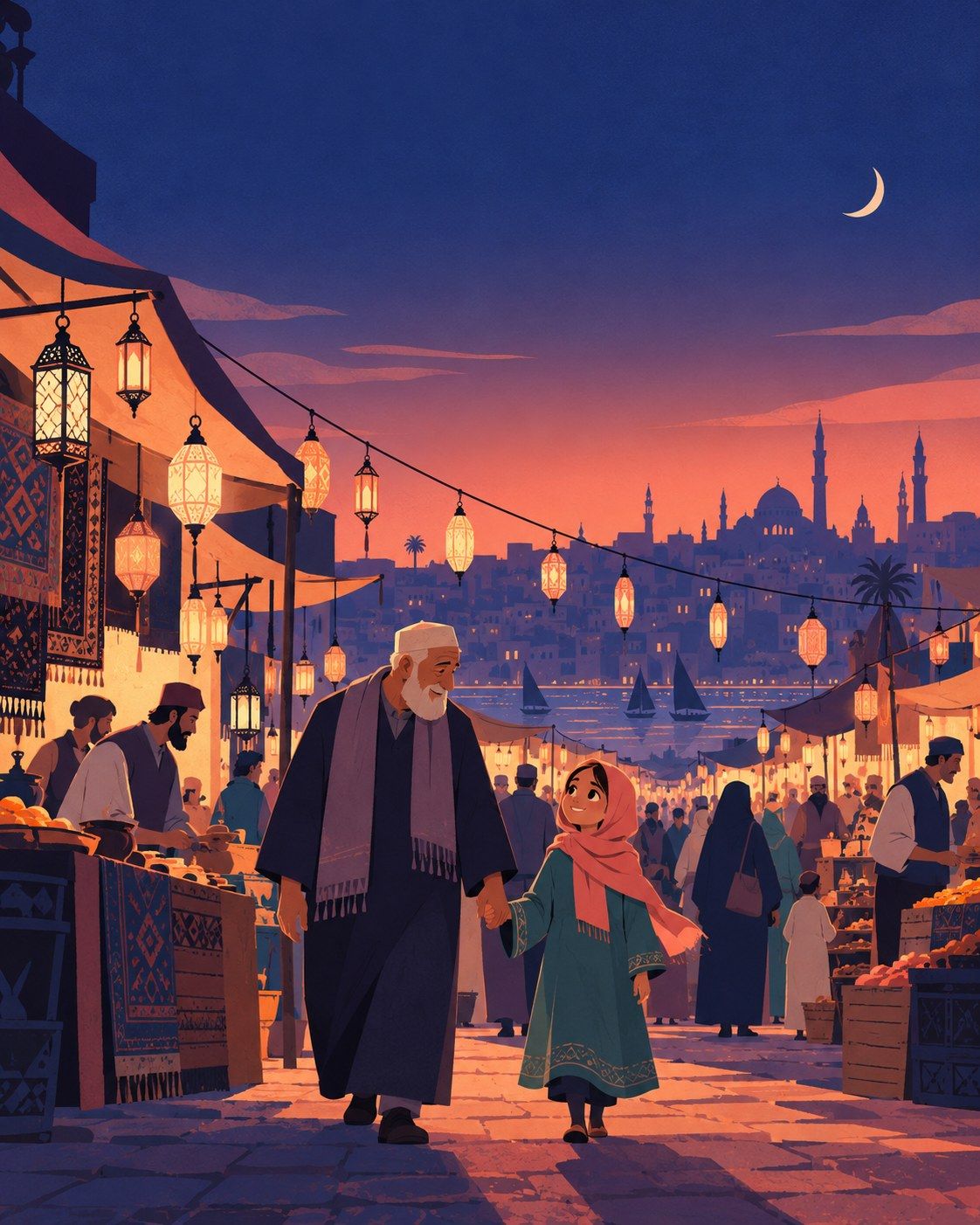 Flat 2D illustration of a grandfather and granddaughter walking hand in hand through a lantern-lit evening market