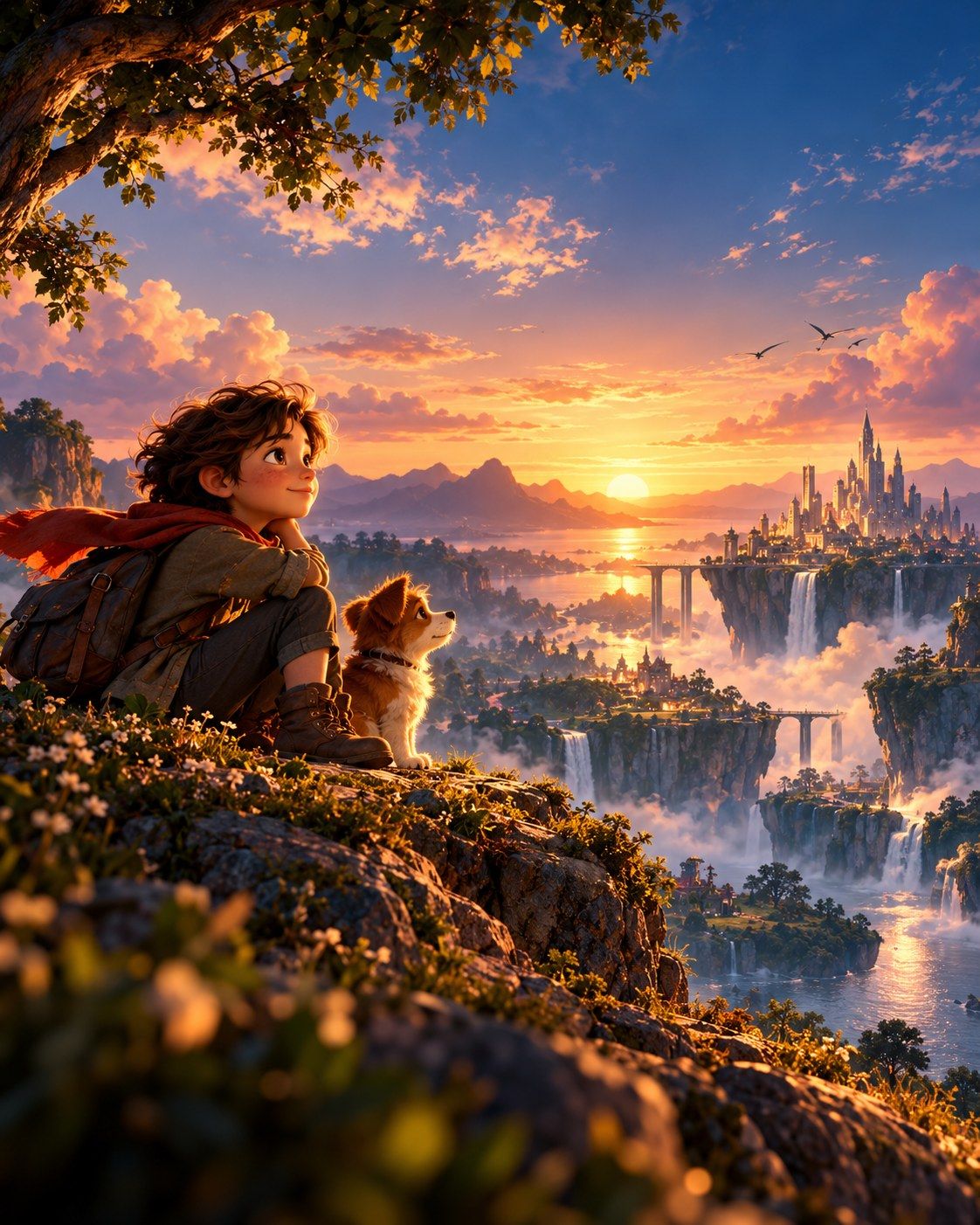 A boy in a red scarf and his dog sit on a hillside above a waterfall kingdom at sunset
