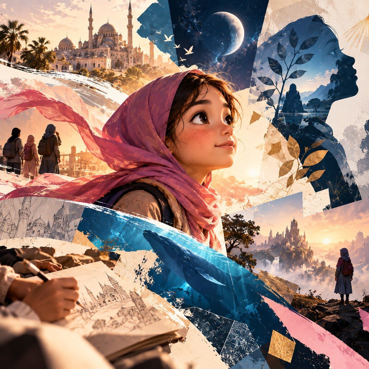 A collage of a girl in a pink headscarf, sketches, a whale and a domed city in mixed media