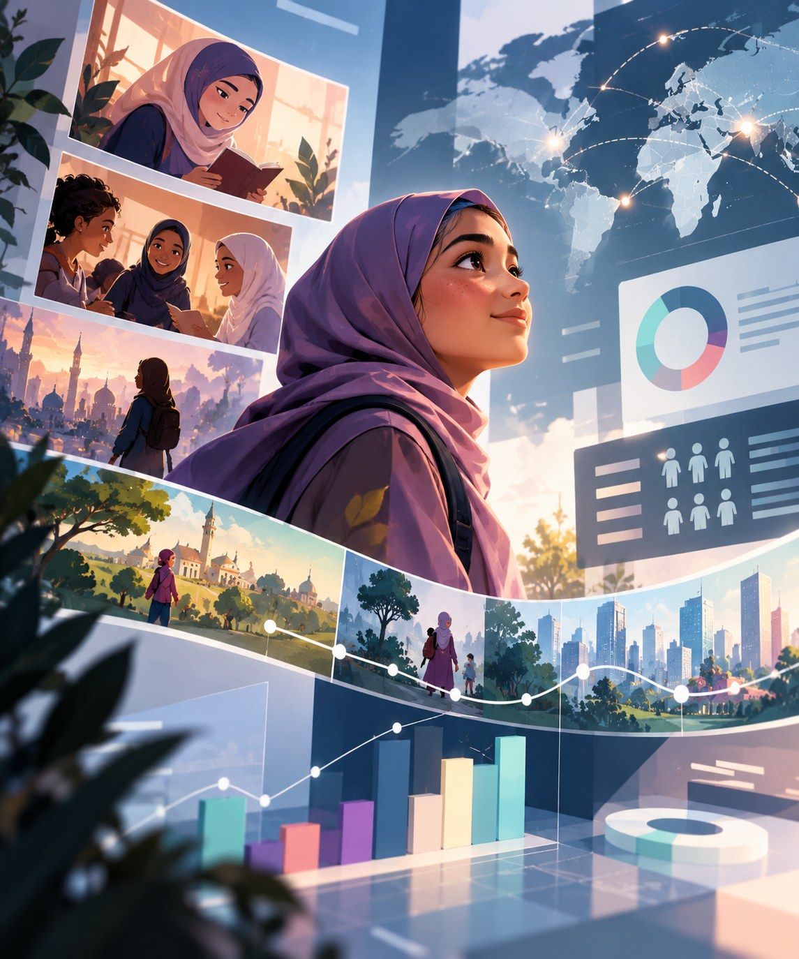 A young woman in a lilac headscarf among layered panels of maps, charts and city scenes