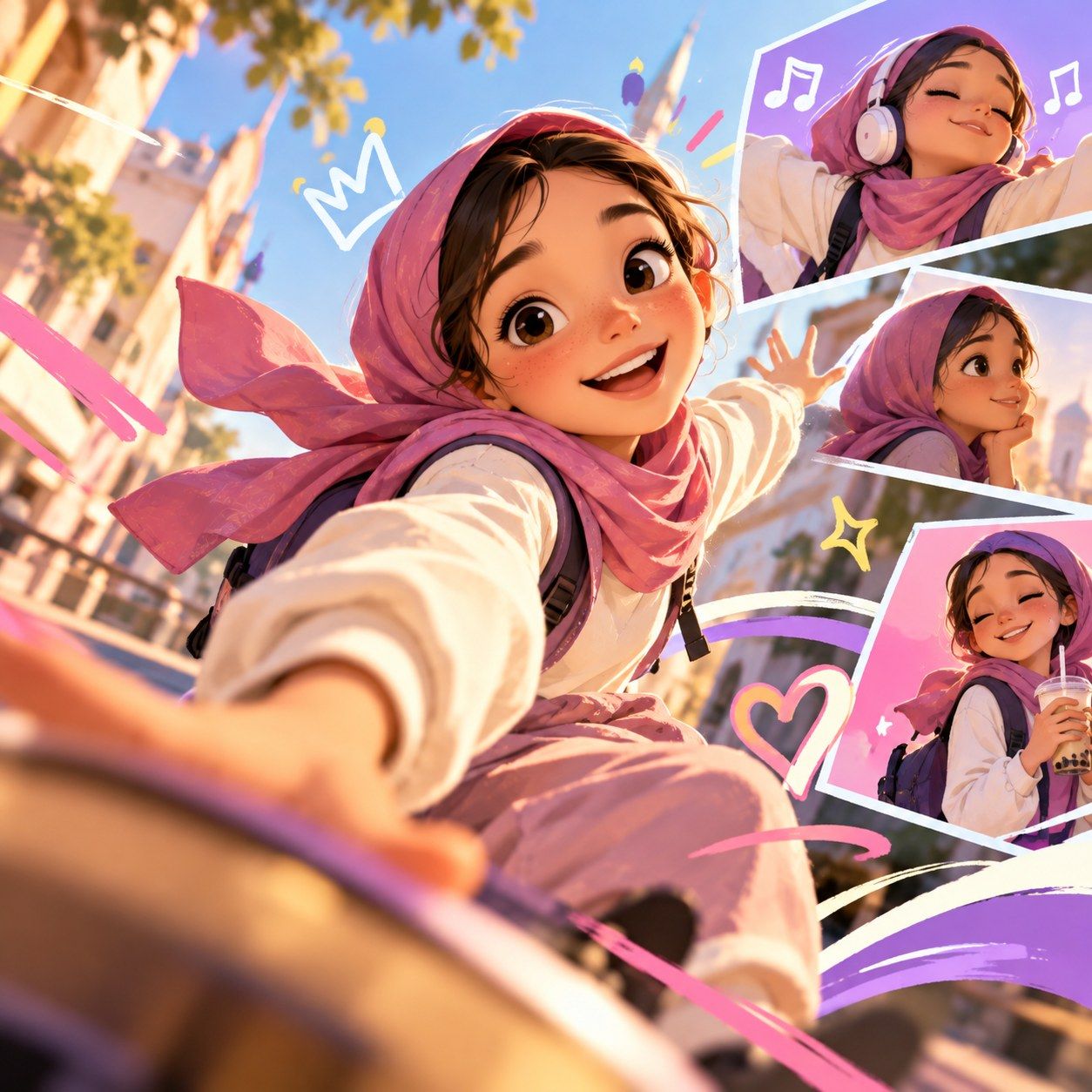 A girl in a pink headscarf reaches towards the camera, framed by bright stickers and photo panels