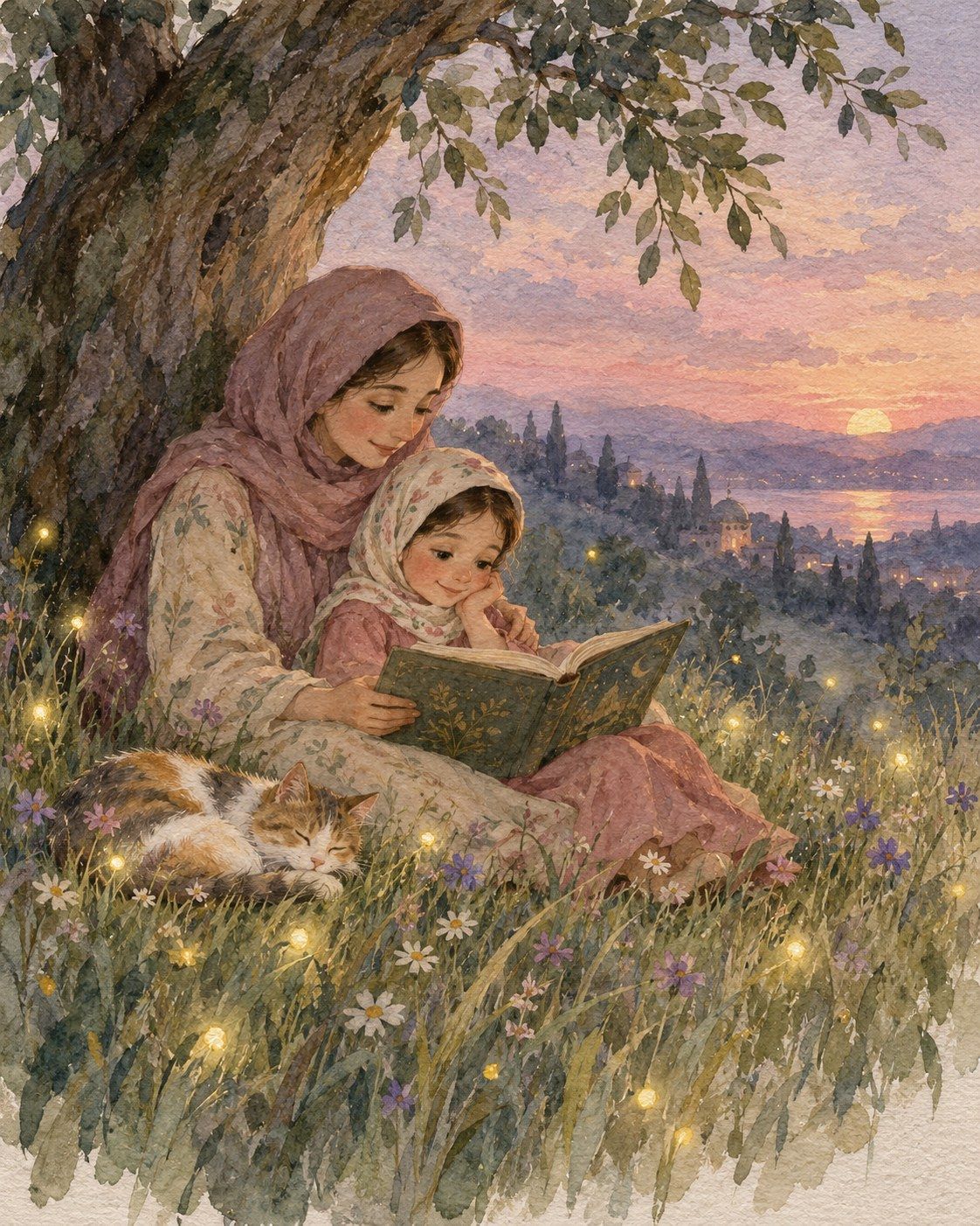 Watercolour of a mother and daughter reading under an old tree at dusk, a cat asleep in the grass