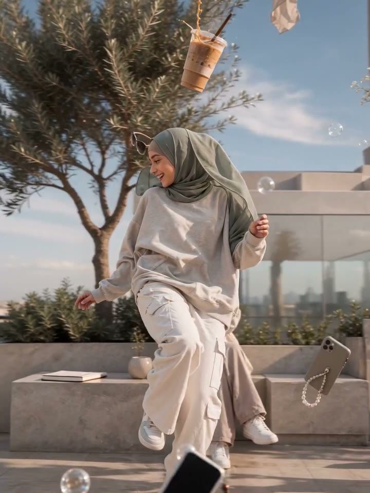 Girls in hijabs and cream outfits caught mid-jump in bullet time on a rooftop