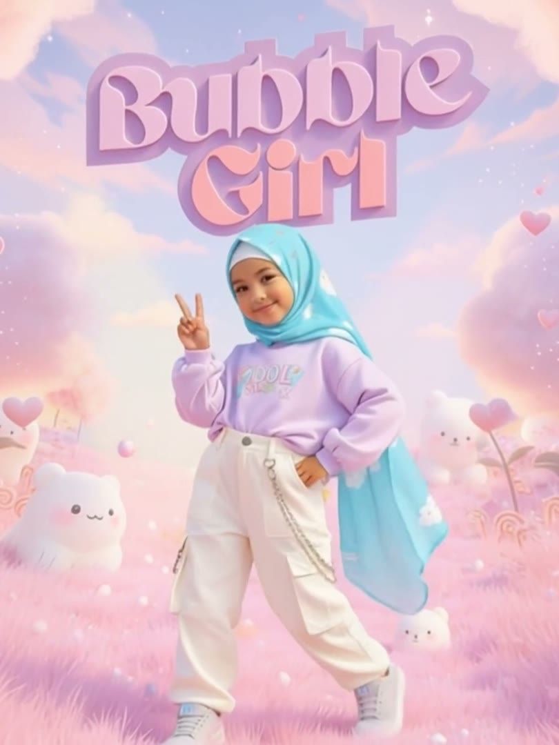 A girl in a lilac Bubble Girl top and turquoise hijab under the Bubble Girl logo