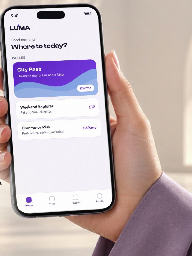A hand holding a phone showing the Luma travel app home screen