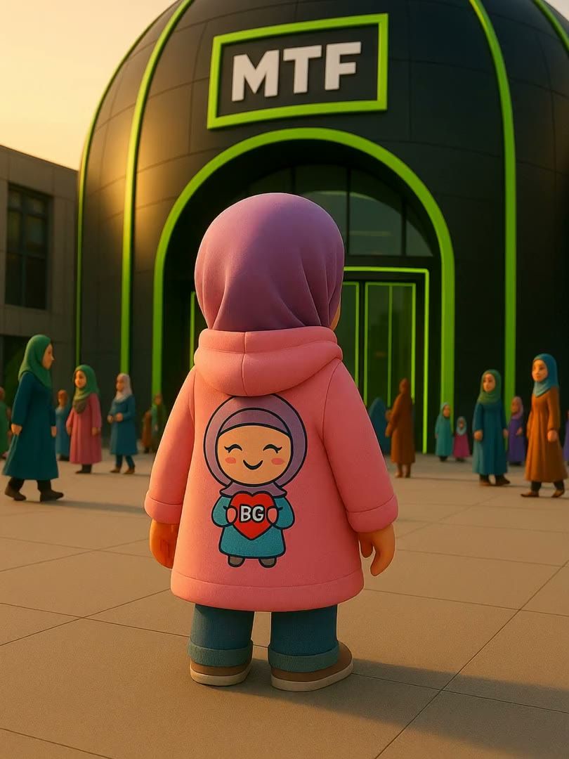 An animated girl in a pink Bubble Girl hoodie walking towards the green-lit MTF building