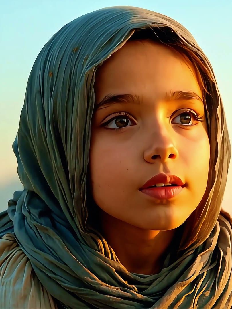 A girl in a headscarf looks up and prays at sunset, from the Muslim Aid 40th anniversary film
