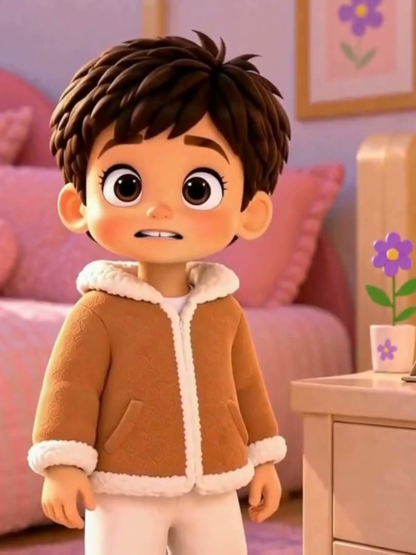 An animated girl in a lilac hijab and blue BG top waves beside a boy in a brown jacket, in a pink bedroom