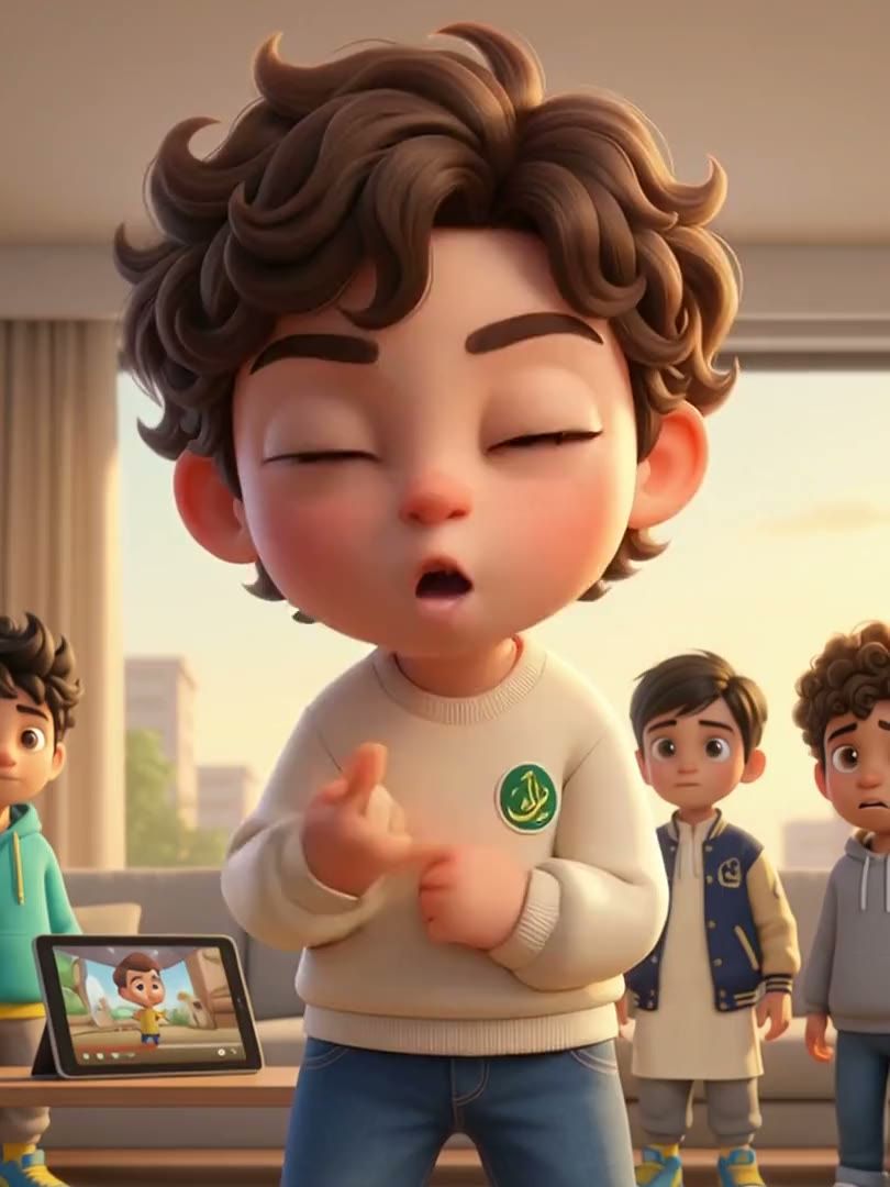An animated boy with curly hair in a cream jumper gestures to camera in a classroom