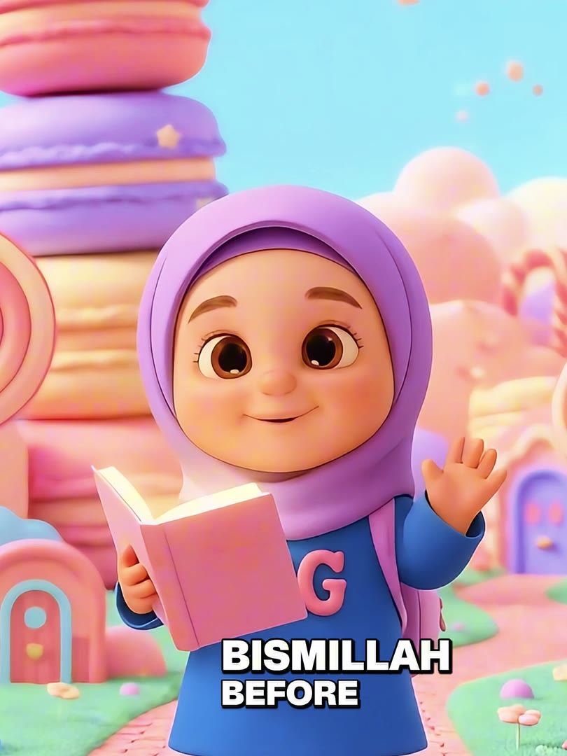 Safa reading from a pink book in a land of sweets, with the caption Bismillah
