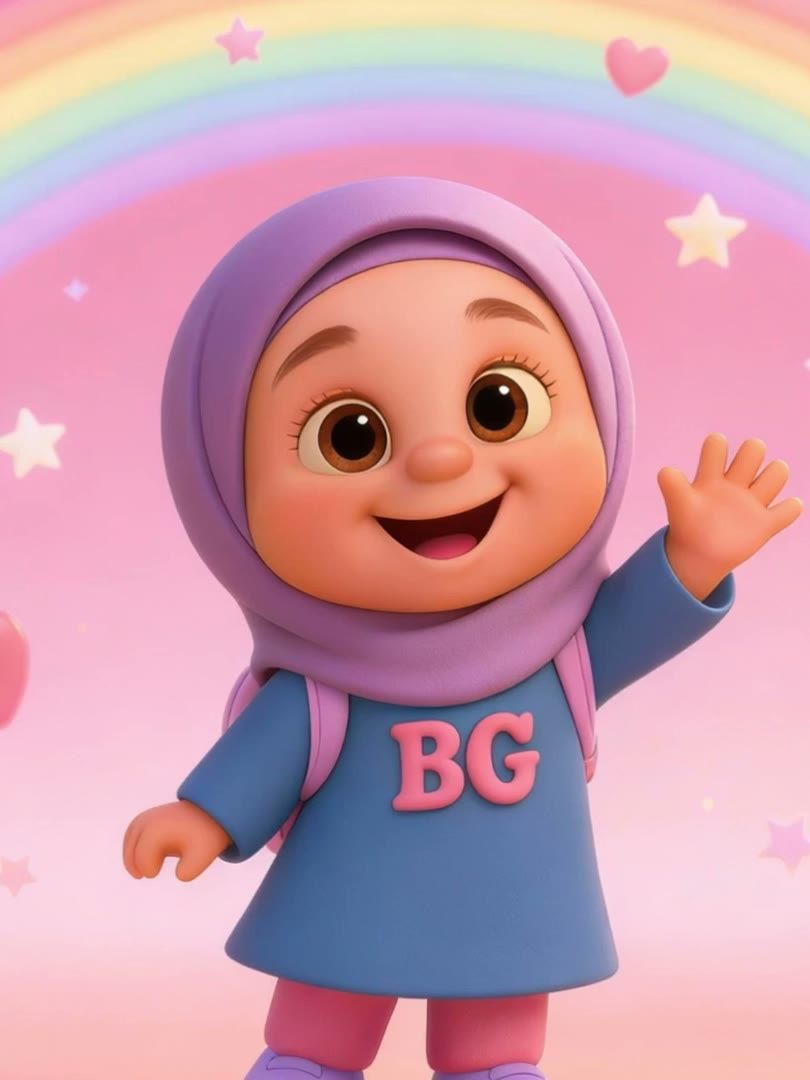 Safa, an animated girl in a lilac hijab, waving in front of a rainbow